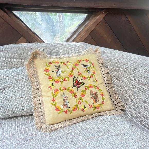 Vintage Crewel Embroidered Throw Pillow, Woodland Needlepoint - Picture 10 of 10